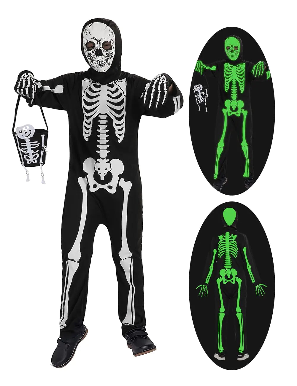 qqpouc Halloween Skeleton Costume for KidsBoth Sides Glow in The Dark Skeleton Jumpsuit with Skeleton Bag